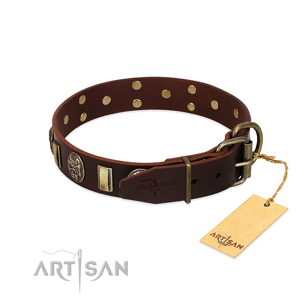 Natural genuine leather dog collar with strong D-ring and adornments