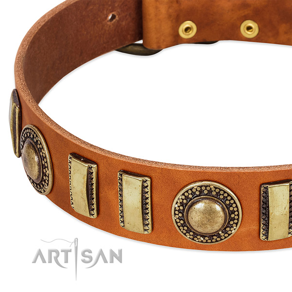 Reliable full grain genuine leather dog collar with rust resistant D-ring