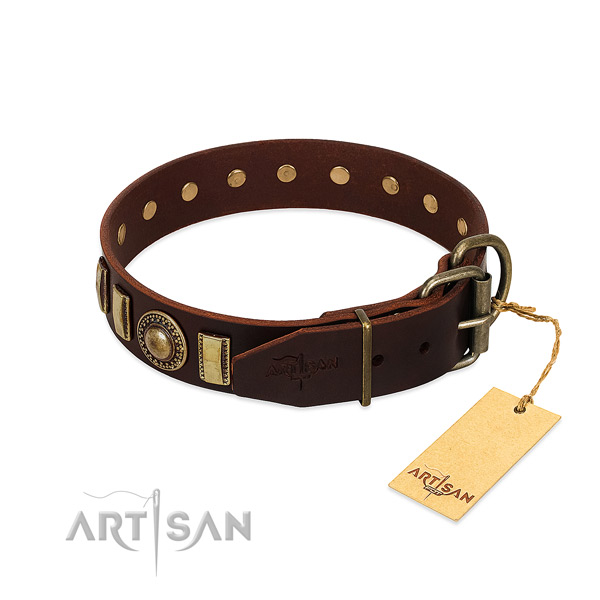 Easy adjustable leather dog collar with rust-proof buckle